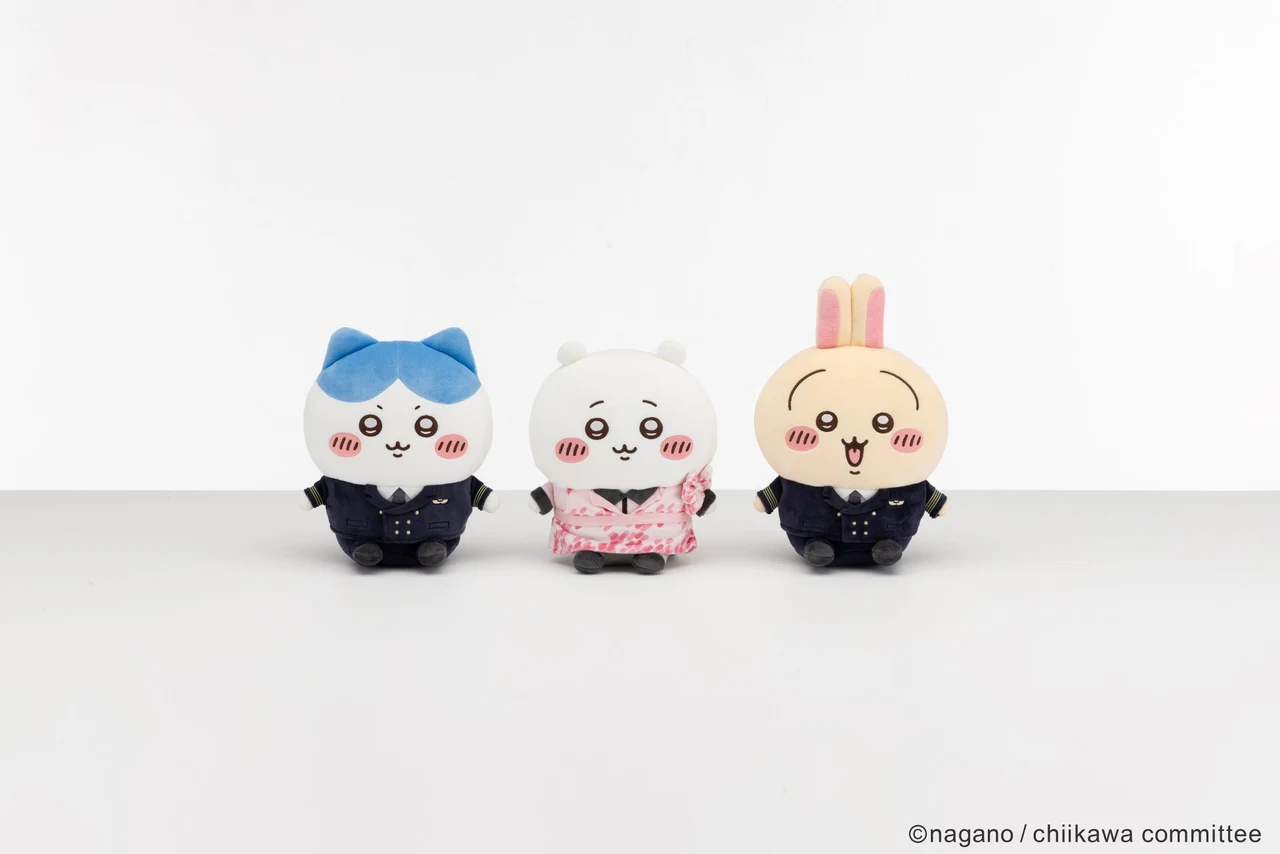 ぬいぐるみはちいかわ・ハチワレ・うさぎの3種。マスコットとは別商品です。